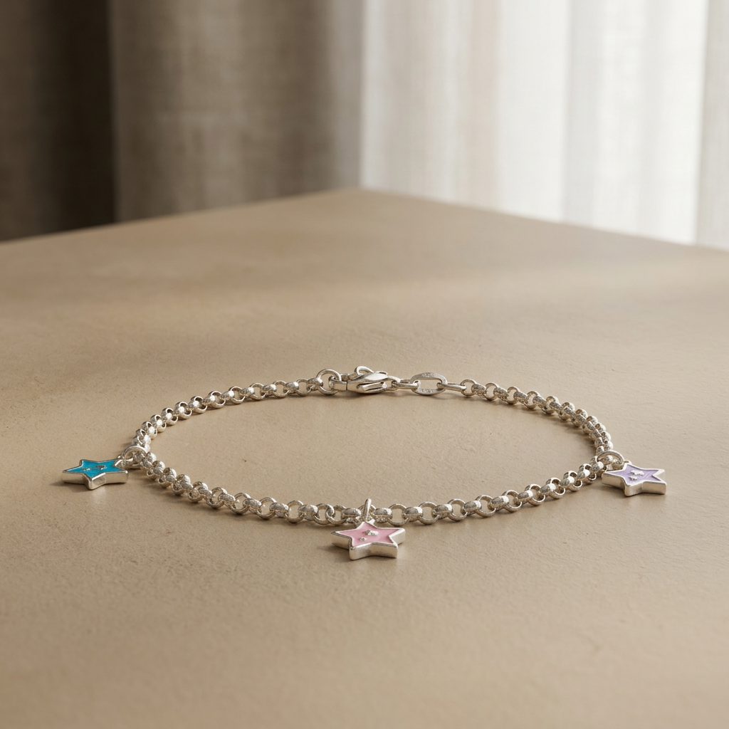 Pulsera de Plata. 925 Diseño de Estrellas Morado, Rosa y Verde Colgante con Extensión mod.3270