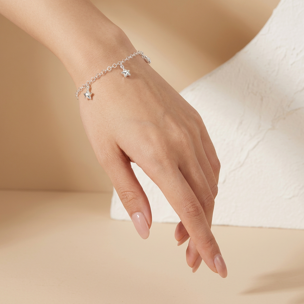 Pulsera de Plata. 925  con Tejido de Circulos y Estrellas Lisas con Colagante  mod.3285