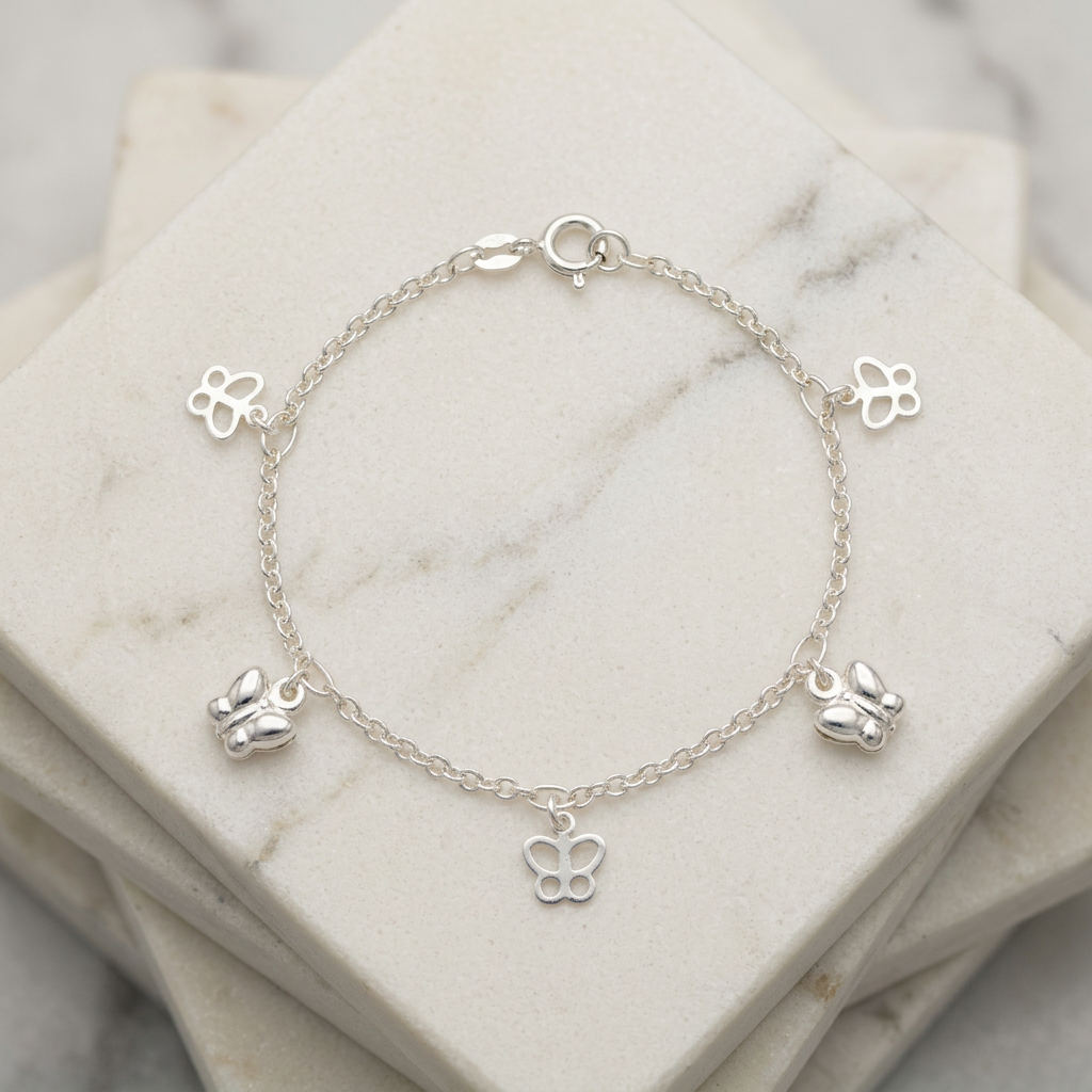 Pulsera de Plata. 925 con Mariposas Lisas y Caladas con Colgante y Extensión mod.3281