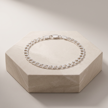 Pulsera de Plata .925.  Tejido Barbado de Eslabón Cuadrado con Diamantado Doble Vista mod. 3243