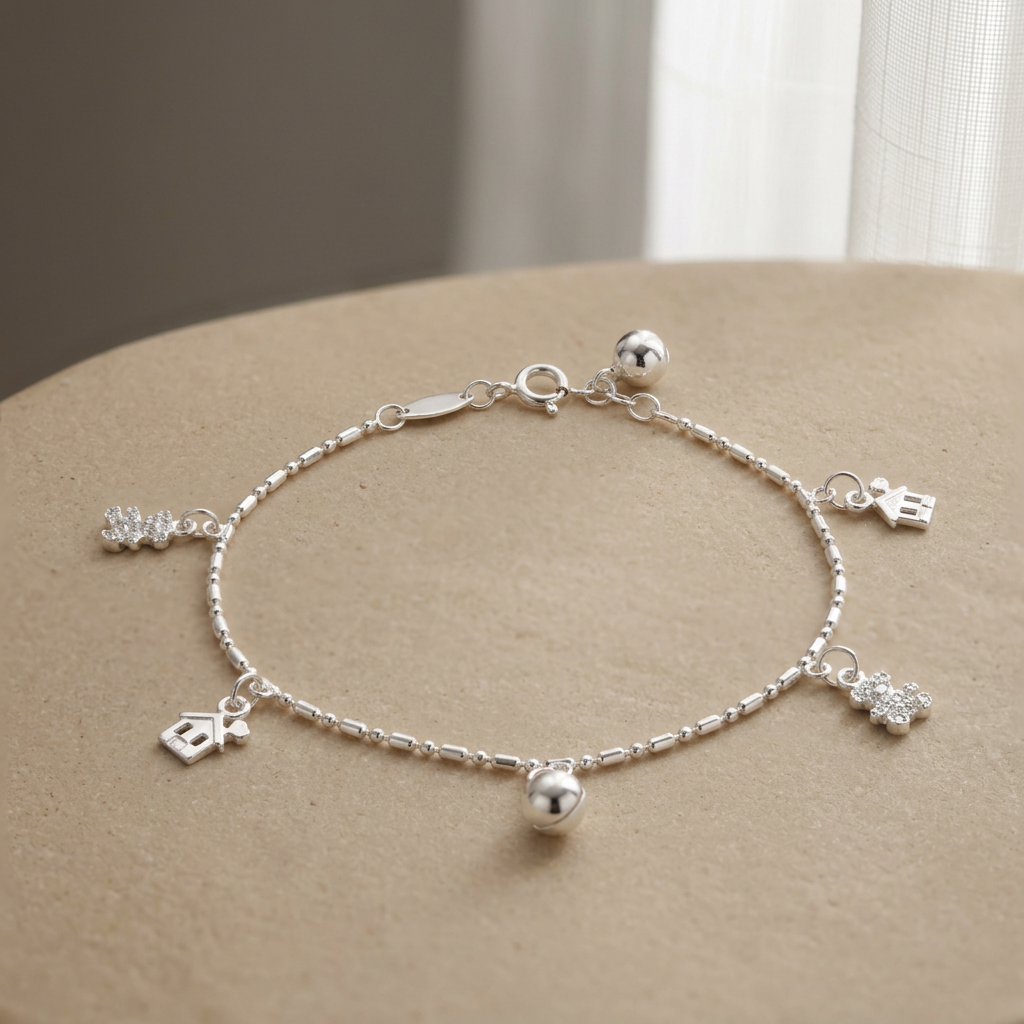 Pulsera de Plata. 925 Con Tejido Punto y Coma Diseño de Osos y Cascabel Colgante mod.3276
