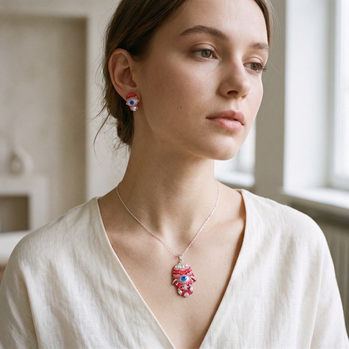 Coordinado de Plata .925 Mano de Fatima Color Rosa y Zirconia mod. 3244