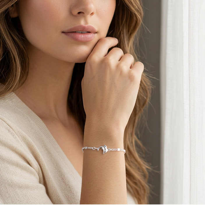Pulsera de Plata. 925 con Tejido Combinado y Colgante de Delfin con Extensión mod.3275