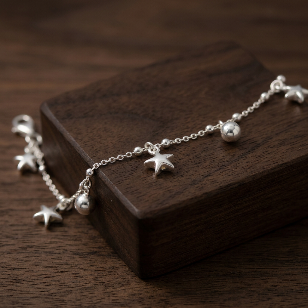 Pulsera de Plata. 925  con Tejido de Puntos y Estrellas con Esferas Colgantes mod.3284