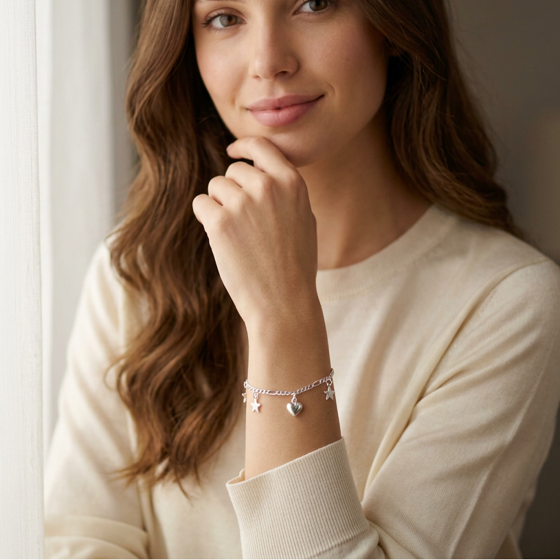 Pulsera de Plata. 925 Tejido 5x1 Con Estrellas y Corazones Colgantes Diseño mod.3280