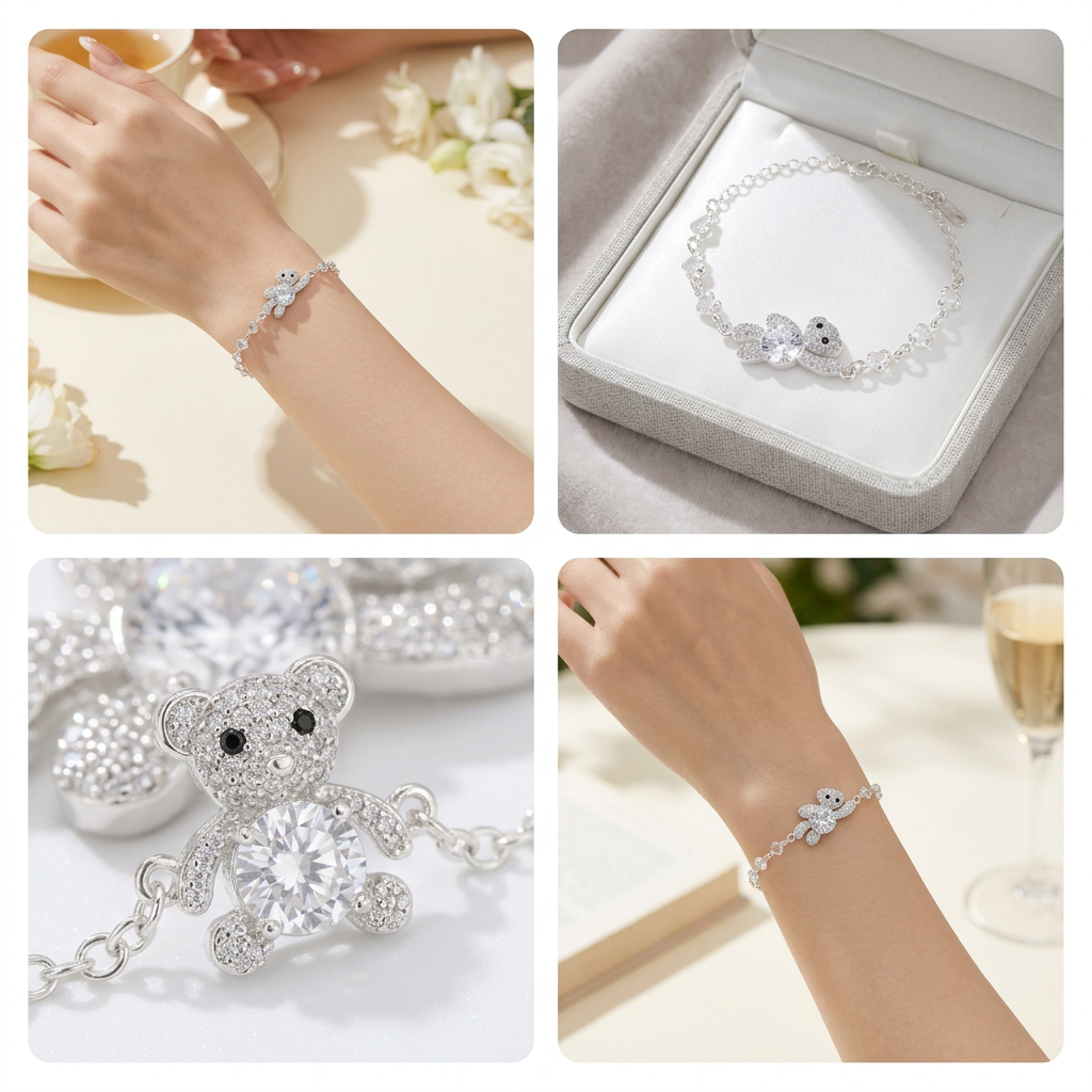 Pulsera de Plata. 925 Diseño de Oso y Corazones e Incrustación de Zirconias  mod.3267