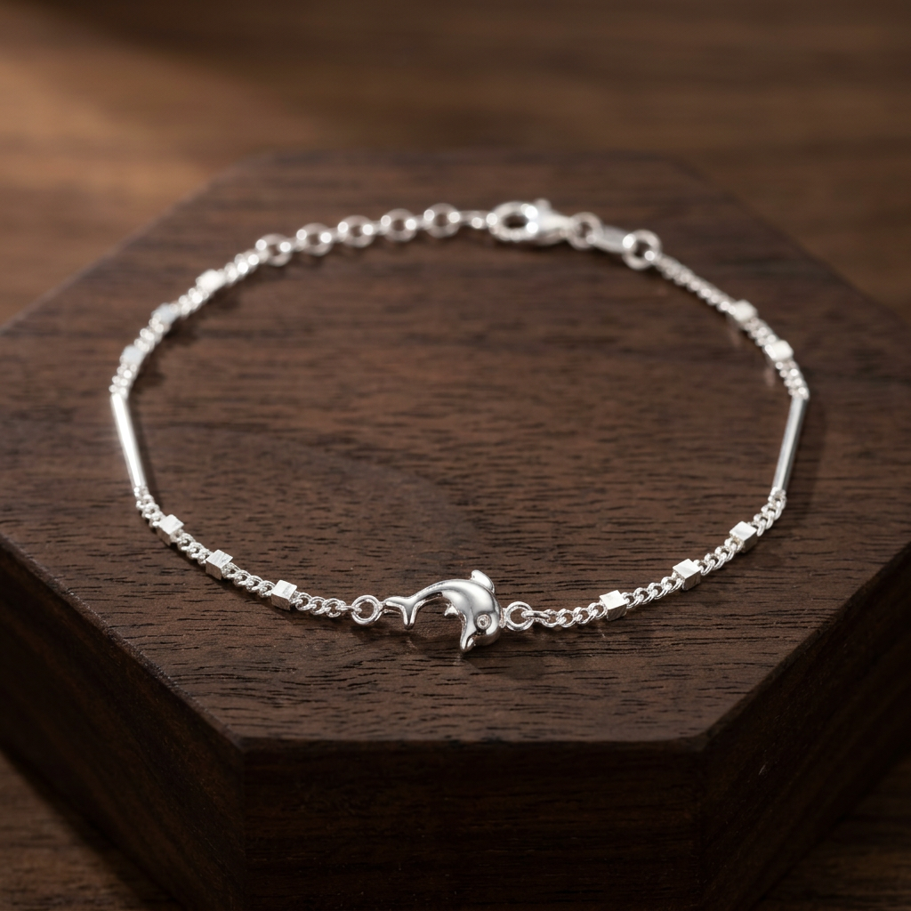 Pulsera de Plata. 925 con Tejido Combinado y Colgante de Delfin con Extensión mod.3275