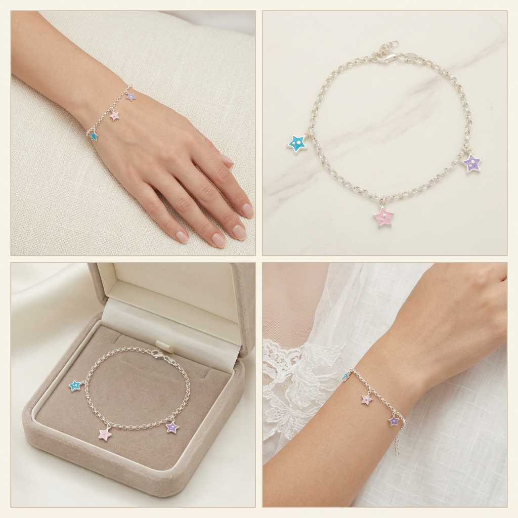 Pulsera de Plata. 925 Diseño de Estrellas Morado, Rosa y Verde Colgante con Extensión mod.3270