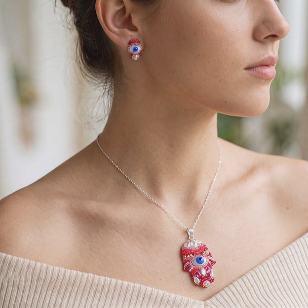 Coordinado de Plata .925 Mano de Fatima Color Rosa y Zirconia mod. 3244