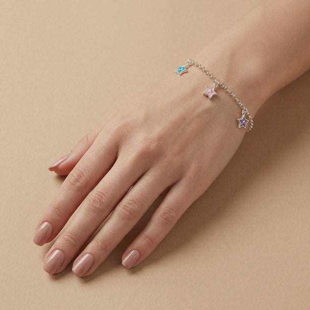 Pulsera de Plata. 925 Diseño de Estrellas Morado, Rosa y Verde Colgante con Extensión mod.3270
