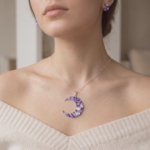 Coordinado de Plata .925 Con Diseño de Luna Morada y Zirconia mod. 3247