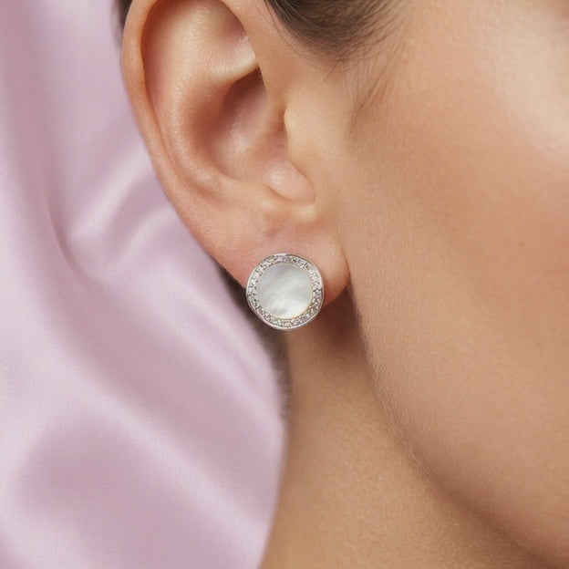 Arete de Plata .925 Madre Perla Circular con Zirconias mod. 2779