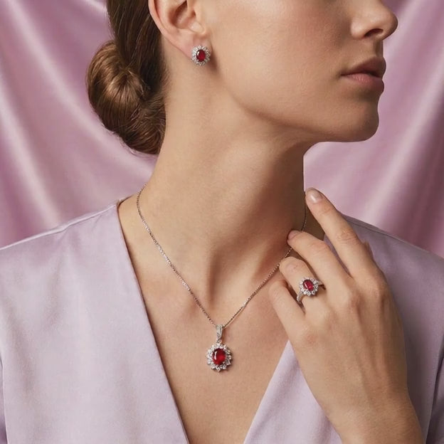 Coordinado de Plata .925 Sol Radiante Color Fucsia con Incrustación de Zirconias mod. 2949
