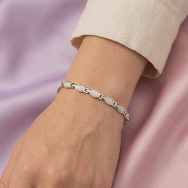 Pulsera de Plata .925 Tejido con Ovalos de Ópalo Blanco mod. 2864