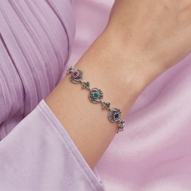 Pulsera de Plata .925 Diseño de Eslabones Especiales Incrustados con Marquesitas mod. 3164