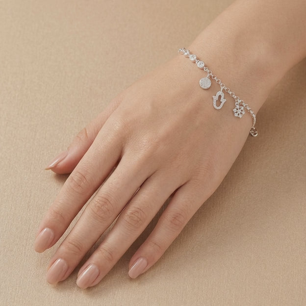 Pulsera de Plata. 925 con Colgante de Ancla y Mano de Fátima mod.3273