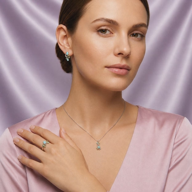 Coordinado de Plata .925 Diseño de Ramas con Zirconia Turquesa y Verde mod. 2953