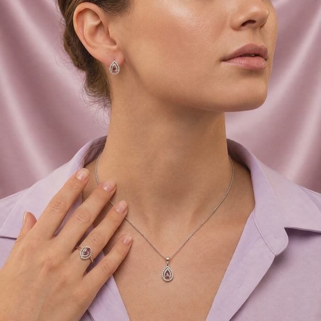Coordinado de Plata .925 Pétalo Doble Fucsia y Verde con Incrustación de Zirconias mod. 2947