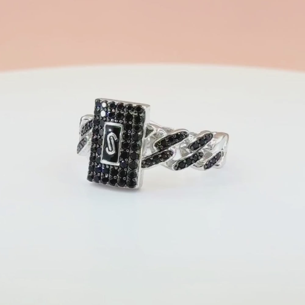Anillo de Plata .925 Eslabones con Placa de Zirconias Negras Brillantes mod. 1401