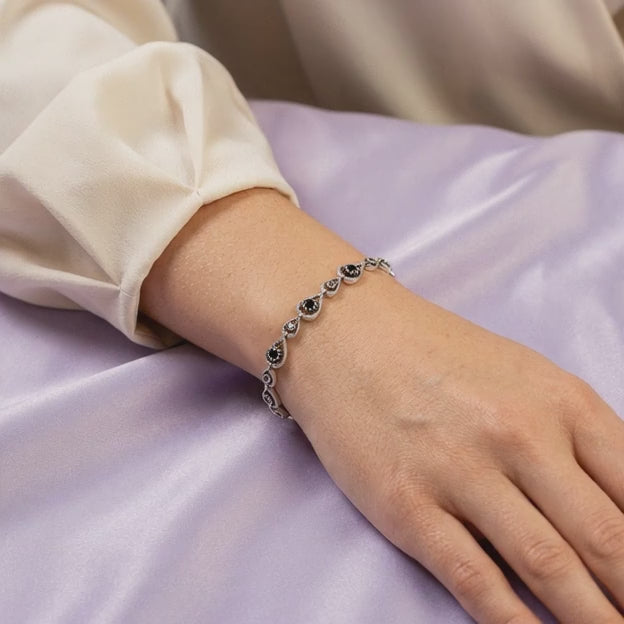 Pulsera de Plata .925 Tejido de Gotas con Zirconias Oscuras y Marquesitas mod. 3082