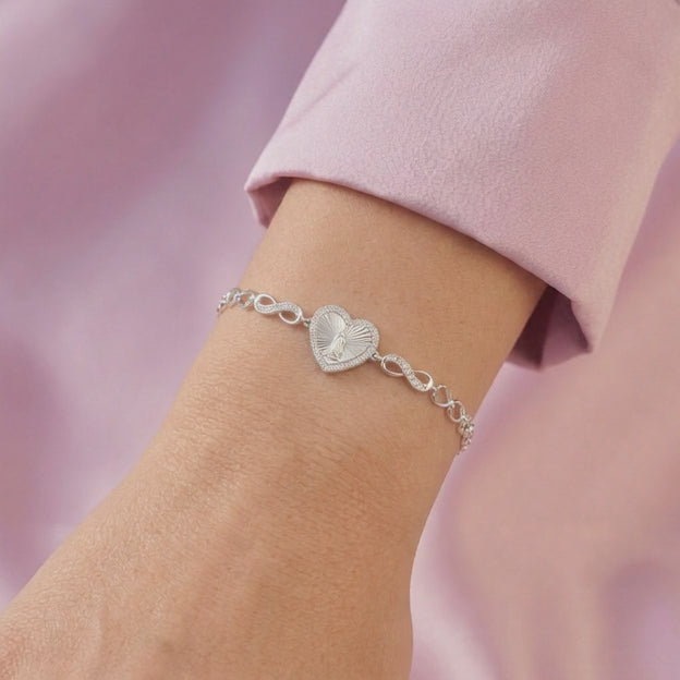 Pulsera de Plata .925  Virgen de Guadalupe con Diseño de Corazón y Zirconia mod. 2735