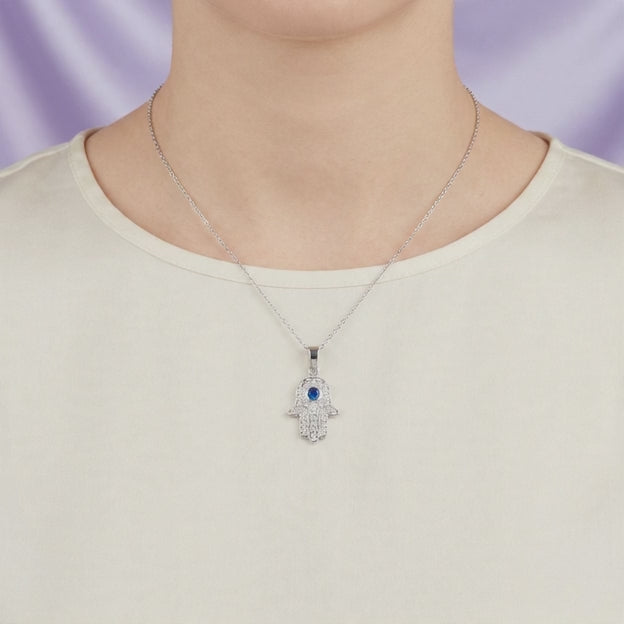 Dije de Plata .925 Mano de Fátima con Zirconia Color Azul Zafiro mod. 3004