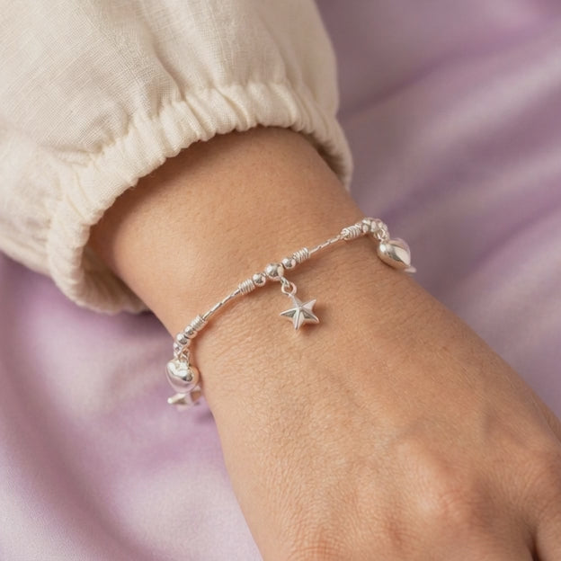 Pulsera de Plata .925 de Tejido Especial con Dijes de Corazón y Estrella mod. 2863