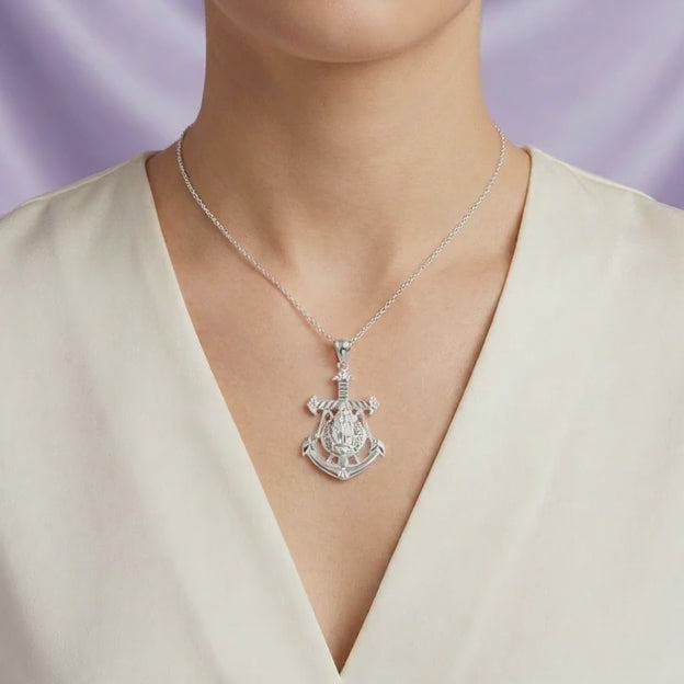 Dije de Plata .925 Cruz Ancla Guadalupana con Zirconias mod. 2742