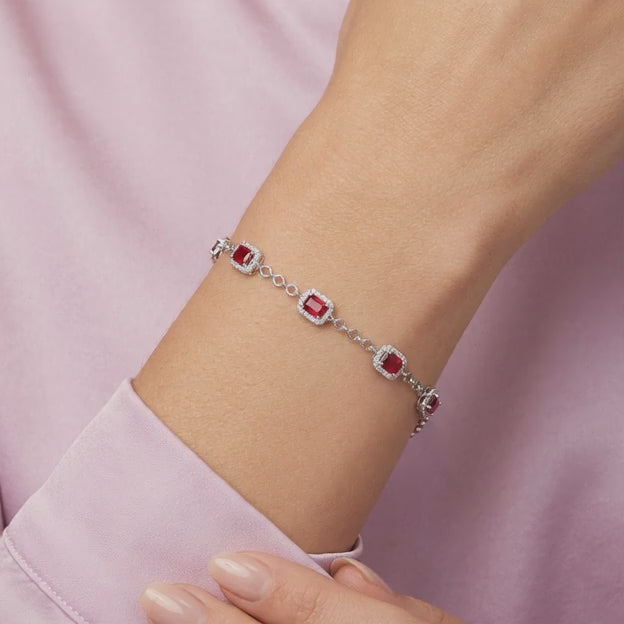 Pulsera de Plata .925 Diseño Elegante Tejido de Cuadros con Zirconias de Color Rojo Rubí mod. 3088