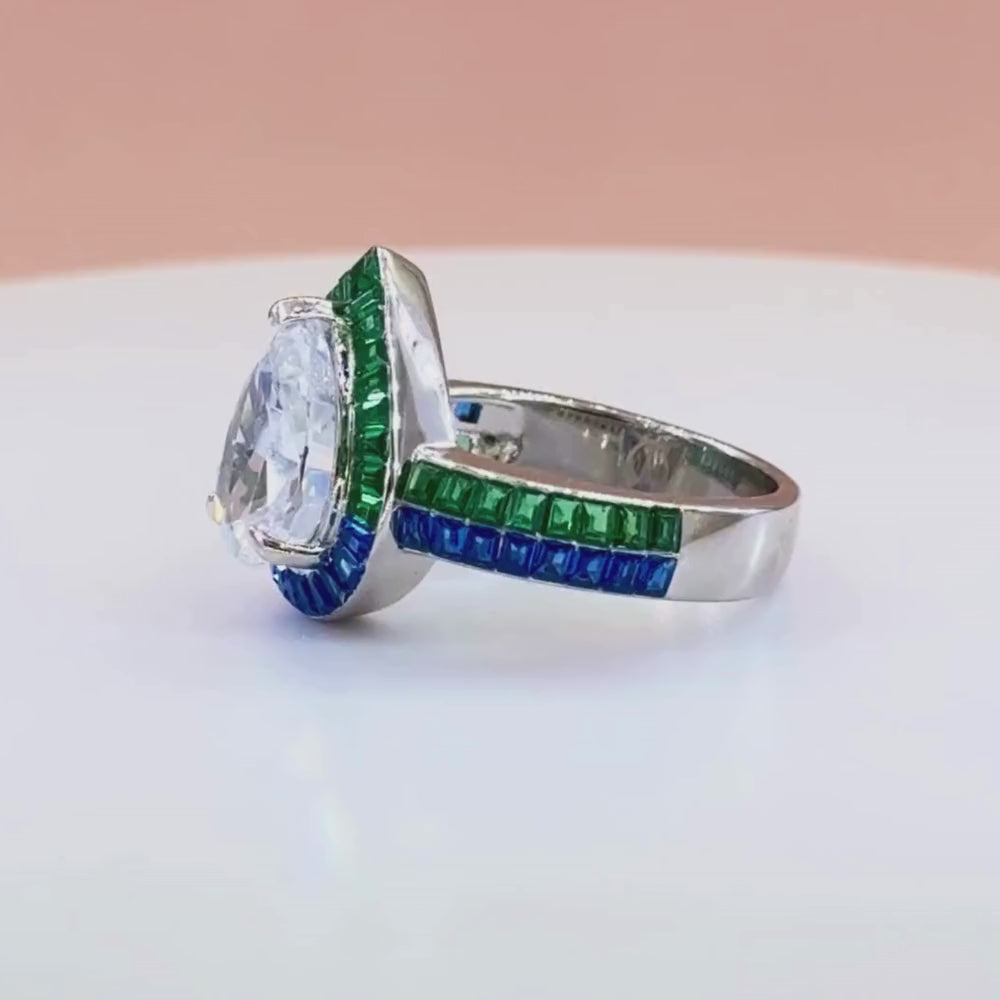 Anillo de Plata .925 Solitario Gota con Zirconias color Verde Esmeralda y Azul Zafiro mod. 1403