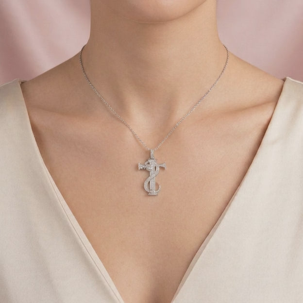 Dije de Plata .925 Cruz con Serpiente y Corazones con Incrustación de Zirconias mod. 2881