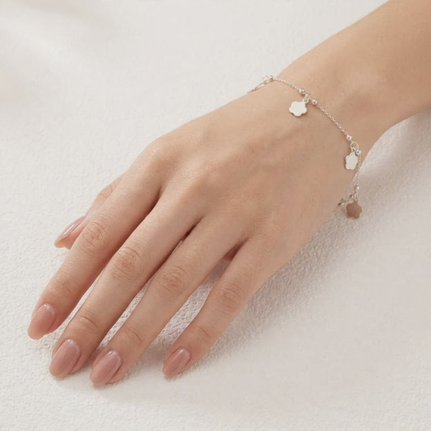 Pulsera de Plata. 925 Diseño Flores Lisas con Colgantes Elegantes y Extención mod.3277