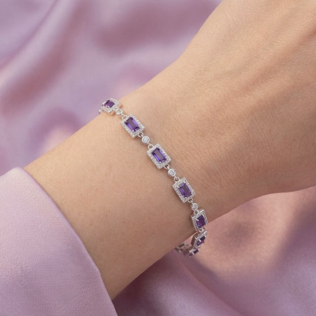 Pulsera de Plata .925 de Rectangulos con Incrustación de Zirconias Moradas mod. 3049