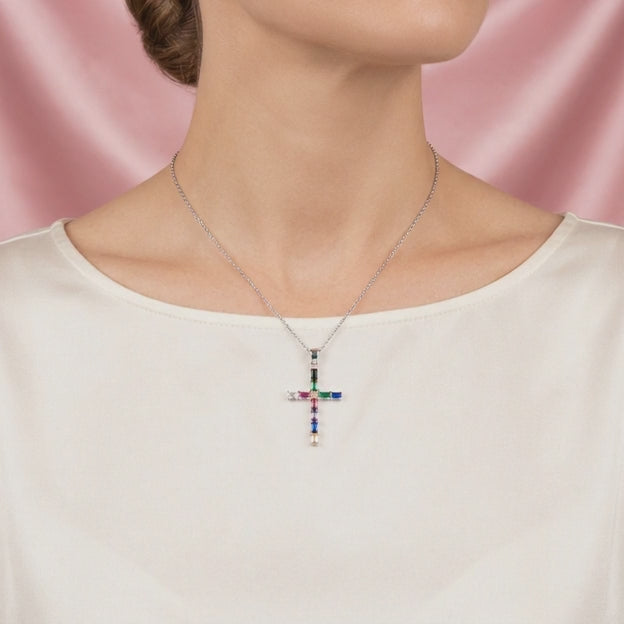 Dije de Plata .925 Cruz con Zirconias de Colores mod. 2176