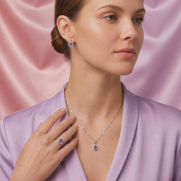 Coordinado de Plata .925 Diseño Oval Violeta e Incrustación de Zirconias mod. 2955