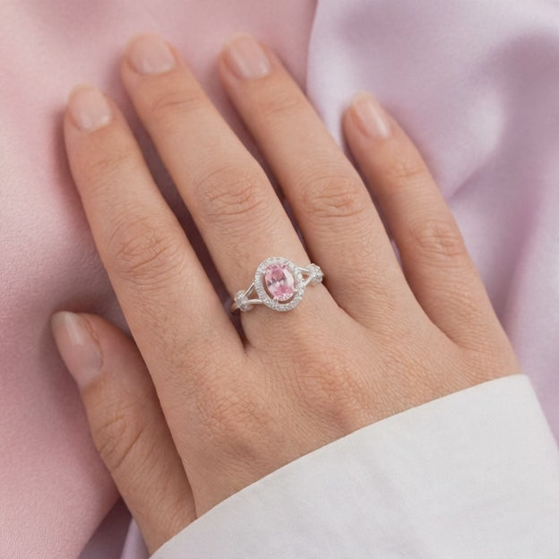 Anillo de Plata .925 con Diseño Oval y Zirconia Color Rosa Pastel mod. 3111