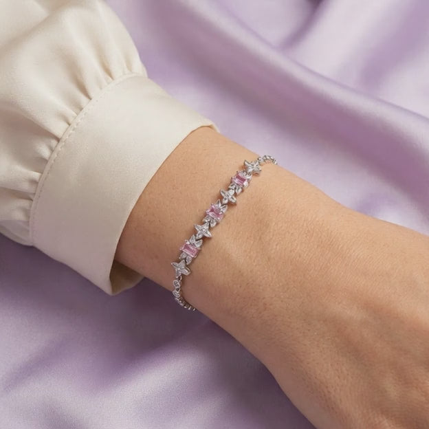 Pulsera de Plata .925 Tejido de Círculos con Eslabones de Zirconia Rosa y Tréboles Brillantes mod. 3089