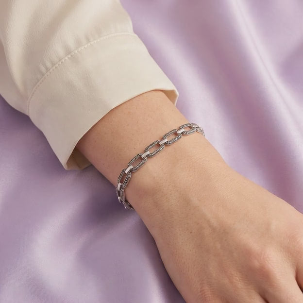 Pulsera de Plata .925 Diseño de Eslabones Incrustados con Marquesitas Finas mod. 3163