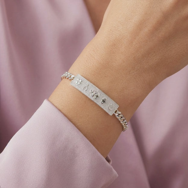 Pulsera de Plata .925 Tejido Barbado con Placa de la Fortuna con Zirconia mod. 2738