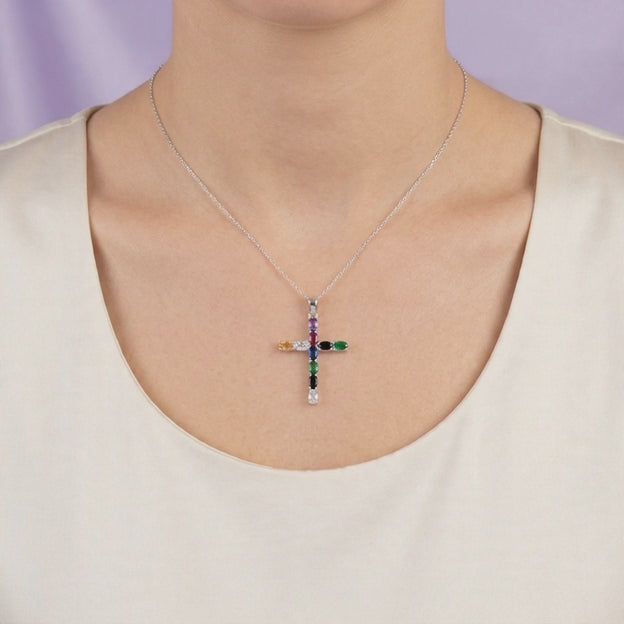Dije de Plata .925 Cruz con Zirconias Ovales en Colores Varios mod. 2876