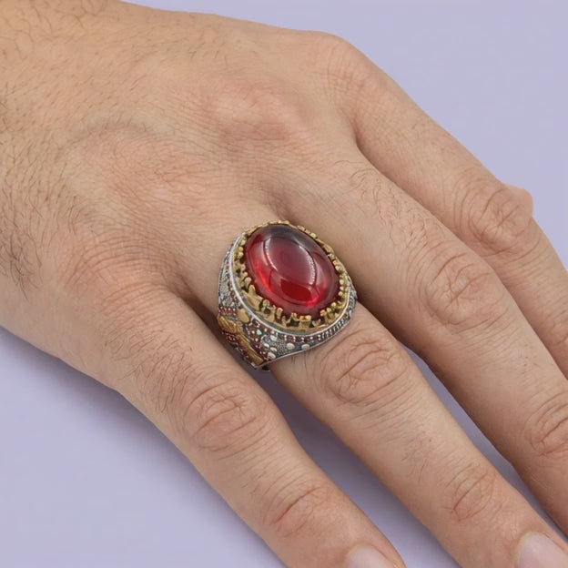 Anillo de Plata .925 Diseño Otomano Estilo Rey de Zirconia Roja mod. 1986