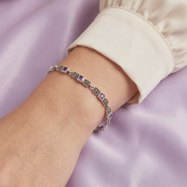 Pulsera de Plata .925 Diseño Elegante con Cuadrados de Zirconia Morada y Marquesitas Finas mod. 3162