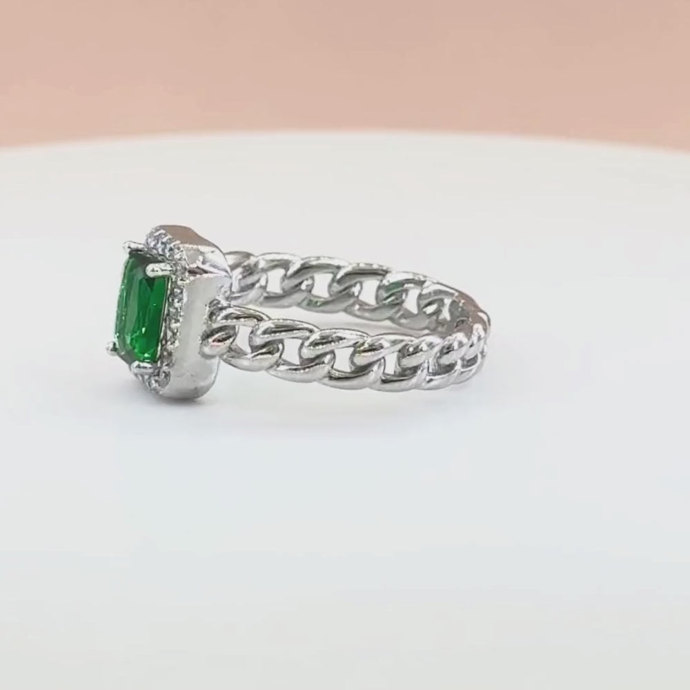 Anillo Solitario de Plata .925 Diseño Cuadrado con Zirconia Verde Esmeralda mod. 1408