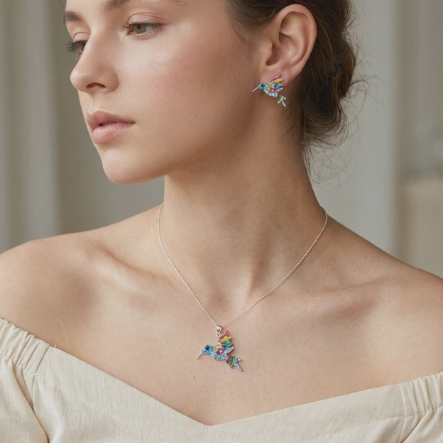 Coordinado de Plata .925Con Diseño de Colibrí Azul y Zirconia mod. 3246