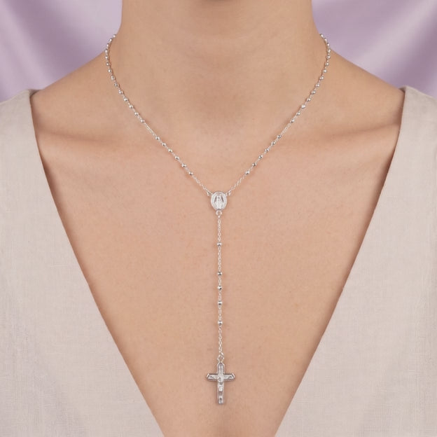 Rosario de Plata .925 Virgen de Guadalupe Oval con Tejido de Bolitas Lisas mod. 3027