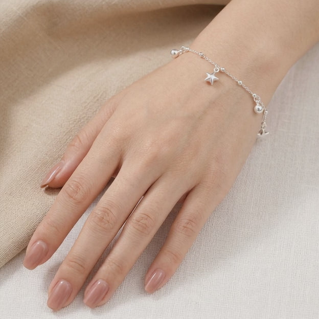 Pulsera de Plata. 925 Tejido 5x1 Con Estrellas y Corazones Colgantes Diseño mod.3280
