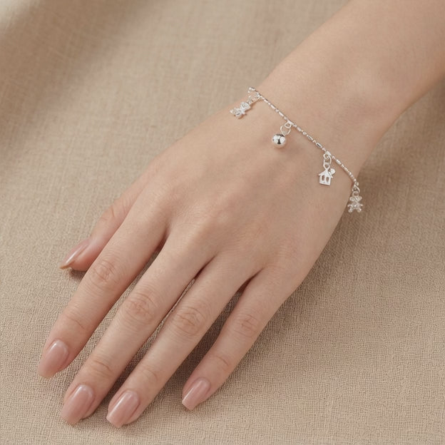Pulsera de Plata. 925 Con Tejido Punto y Coma Diseño de Osos y Cascabel Colgante mod.3276