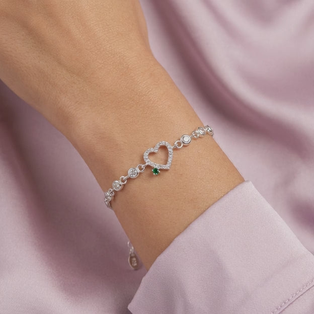 Pulsera de Plata .925 de Corazón con Incrustación de Zirconia Verde mod. 3051