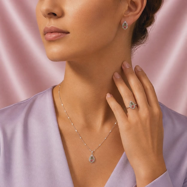 Coordinado de Plata .925  Doble Hoja con Centro Rosa Pastel y Verde e Incrustación de Zirconia mod. 2948