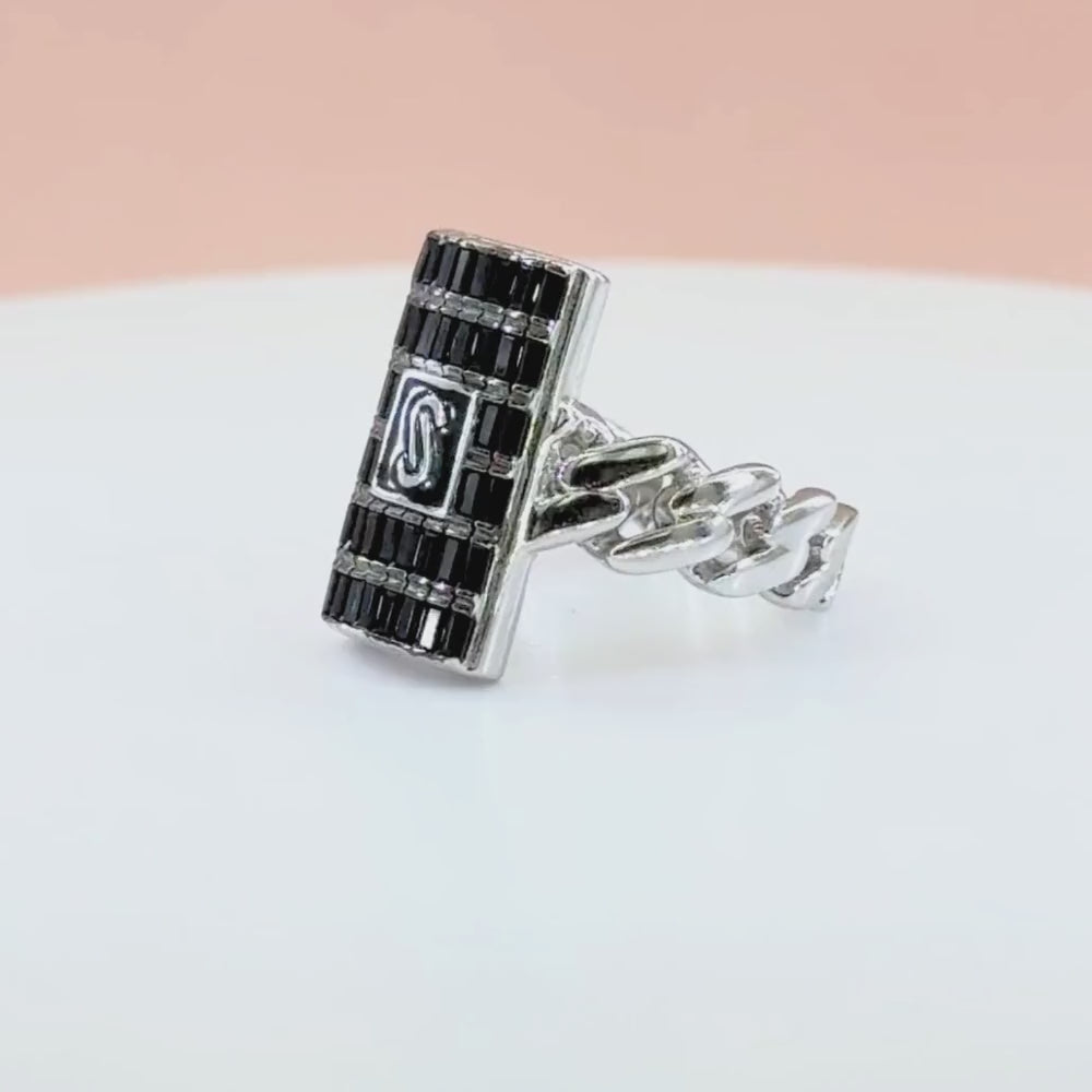 Anillo de Plata .925 de Eslabones Estilo Baguette Negro con Zirconias Incrustadas mod. 1402